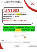 LIN1502 ASSIGNMENT 2 QUIZ MEMO - SEMESTER 2 - 2023 - UNISA - (DISTINCTION GUARANTEED) – DUE DATE: - 31 AUGUST 2023 