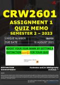 CRW2601 ASSIGNMENT 1 QUIZ MEMO - SEMESTER 2 - 2023 - UNISA - DUE DATE: - 18 AUGUST 2023 (100% PASS - GUARANTEED) 