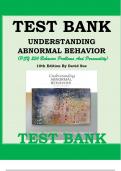 Test Bank for Understanding Abnormal Behavior (PSY 254 Behavior Problems and Personality) 10th Edition by David Sue 9781111834593 | Complete Guide A+