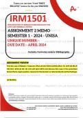 IRM1501 ASSIGNMENT 2 MEMO - SEMESTER 1 - 2024 UNISA – DUE DATE: - (DETAILED ANSWERS WITH FOOTNOTES AND A BIBLIOGRAPHY - DISTINCTION GUARANTEED!)