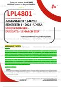 LPL4801 ASSIGNMENT 1 MEMO - SEMESTER 1 - 2024 UNISA – DUE DATE: - 15 MARCH 2024 (DETAILED ANSWERS WITH FOOTNOTES AND A BIBLIOGRAPHY - DISTINCTION GUARANTEED!)