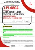 LPL4804 ASSIGNMENT 1 MEMO - SEMESTER 1 - 2024 UNISA – DUE DATE: - 8 MARCH 2024 (DETAILED ANSWERS WITH FOOTNOTES AND A BIBLIOGRAPHY - DISTINCTION GUARANTEED!)