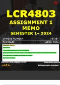 LCR4803 ASSIGNMENT 1 MEMO - SEMESTER 1 - 2024 UNISA – DUE DATE: - APRIL 2024 (DETAILED ANSWERS WITH FOOTNOTES AND A BIBLIOGRAPHY - DISTINCTION GUARANTEED!)