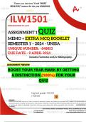 ILW1501 ASSIGNMENT 1 QUIZ MEMO - SEMESTER 1 - 2024 - UNISA - DUE : 9 APRIL 2024 (INCLUDES EXTRA MCQ BOOKLET WITH ANSWERS - DISTINCTION GUARANTEED)