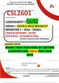 CSL2601 ASSIGNMENT 1 QUIZ MEMO - SEMESTER 1 - 2024 - UNISA - DUE : 22 MARCH 2024 (INCLUDES EXTRA MCQ BOOKLET WITH ANSWERS - DISTINCTION GUARANTEED)