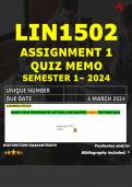 LIN1502 ASSIGNMENT 1 QUIZ MEMO - SEMESTER 1 - 2024 - UNISA - DUE : 4 MARCH 2024 (INCLUDES EXTRA MCQ BOOKLET WITH ANSWERS - DISTINCTION GUARANTEED)