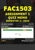 FAC1503 ASSIGNMENT 1 QUIZ MEMO - SEMESTER 1 - 2024 - UNISA - DUE : 20 MARCH 2024 (INCLUDES 500 PAGE EXTRA MCQ BOOKLET WITH ANSWERS - DISTINCTION GUARANTEED)
