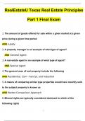 RealEstateU Texas Real Estate Principles Part 1 Final Exam 2024 Questions with 100% Correct Answers | Updated & Verified