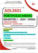 ADL2601 PORTFOLIO MEMO - MAY/JUNE 2024 - SEMESTER 1 - UNISA - DUE DATE :- 16 MAY 2024 (DETAILED ANSWERS WITH FOOTNOTES AND BIBLIOGRAPHY - DISTINCTION GUARANTEED!) 