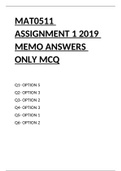  MAT0511 ASSIGNMENT 1 2019 MCQ MEMO ANSWERS ONLY MCQ
