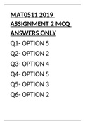  MAT0511 2019 ASSIGNMENT 2 MCQ MEMO ANSWERS ONLY.