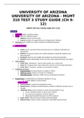 UNIVERSITY OF ARIZONA - MGMT 310 TEST 3 STUDY GUIDE (CH 9-12)