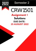 CRW1501 Assignment 1 (ANSWERS) Semester 2 --> Due 25 August 2022 (Detailed Answers provided)